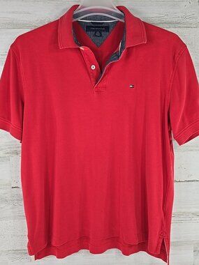 TOMMY HILFIGER MEN'S SIZE LARGE RED POLO SHIRT SHORT SLEEVE 100% COTTON *FLAWS*.